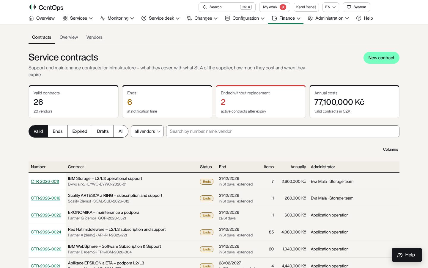 Illustrativer Screenshot: Verträge und Lieferanten